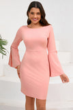 Robe de cocktail midi moulante rose à col rond et manches longues