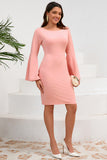 Robe de cocktail midi moulante rose à col rond et manches longues