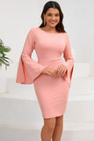 Robe de cocktail midi moulante rose à col rond et manches longues