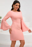 Robe de cocktail midi moulante rose à col rond et manches longues