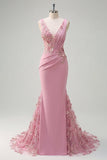 Robe de bal longue en taro sirène, col en V et fleurs 3D appliquées