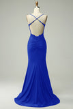 Robe de soirée sirène à col halter bleu royal avec appliques