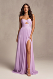 Robe de bal trapèze sans bretelles plissée lavande avec fente