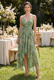 Robe fleurie haute à fleurs hautes en V verte poussiéreuse avec volants