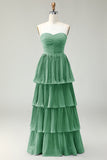 Robe de demoiselle d’honneur longue sans bretelles plissée à plusieurs niveaux rose poudré rose poudré