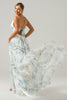 Charger l&#39;image dans la galerie, Fleur bleue blanche une ligne longue robe de demoiselle d’honneur en Tulle avec volants