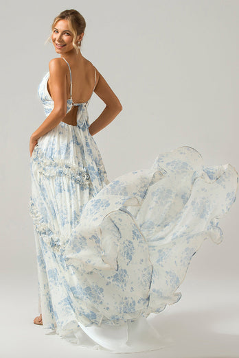 Fleur bleue blanche une ligne longue robe de demoiselle d’honneur en Tulle avec volants