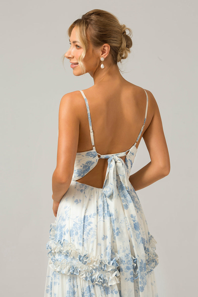 Charger l&#39;image dans la galerie, Fleur bleue blanche une ligne longue robe de demoiselle d’honneur en Tulle avec volants