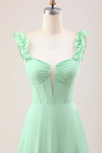 Robe de demoiselle d’honneur corset à épaules dénudées verte A Line avec volants