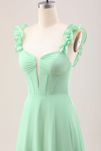 Robe de demoiselle d’honneur corset à épaules dénudées verte A Line avec volants