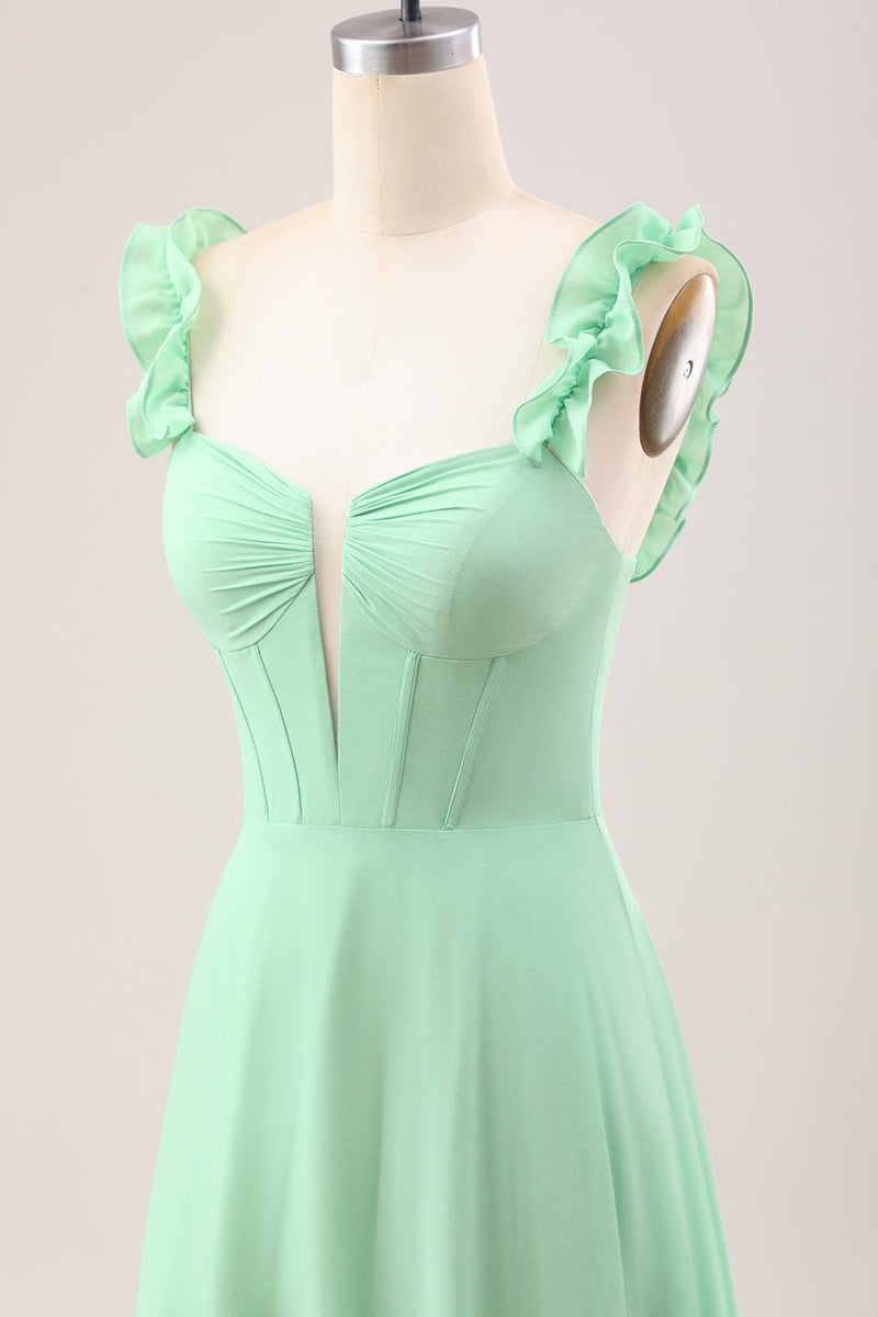 Charger l&#39;image dans la galerie, Robe de demoiselle d’honneur corset à épaules dénudées verte A Line avec volants