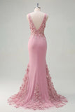 Robe de bal longue en taro sirène, col en V et fleurs 3D appliquées