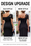 Robe de cérémonie mère de la mariée noire sirène asymétrique avec appliques