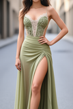 Sirène verte spaghetti bretelles appliques robe de bal avec fente