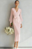 Robe de mariée blanche à manches longues à fourreau en V avec nœud