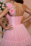 Une épaule rose une ligne Tulle Homecoming Dress avec des fleurs 3D