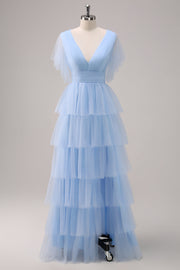 Gris bleu trapèze col V à plusieurs niveaux Tulle robe de demoiselle d’honneur longue avec fente