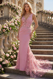 Robe de bal longue en taro sirène, col en V et fleurs 3D appliquées
