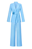 Blue Peak Lapel Costumes 2 pièces pour femmes avec ceinture