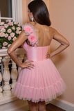 Une épaule rose une ligne Tulle Homecoming Dress avec des fleurs 3D