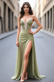 Sirène verte spaghetti bretelles appliques robe de bal avec fente