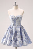Bleu A Line Sweetheart Corset Court Robe de cocktail