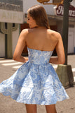 Bleu A Line Sweetheart Corset Court Robe de cocktail