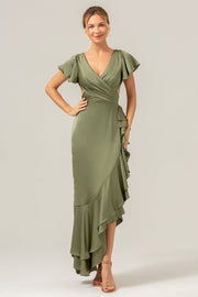 Olive une ligne col en V Robe de demoiselle d’honneur asymétrique en satin avec fente à volants