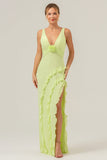 Lime Sheath Deep V Neck Dos Nu Robe de demoiselle d’honneur longue avec fente à volants