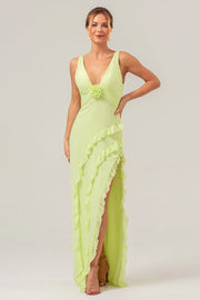 Lime Sheath Deep V Neck Dos Nu Robe de demoiselle d’honneur longue avec fente à volants