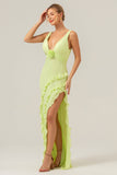 Lime Sheath Deep V Neck Dos Nu Robe de demoiselle d’honneur longue avec fente à volants