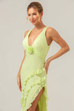 Lime Sheath Deep V Neck Dos Nu Robe de demoiselle d’honneur longue avec fente à volants