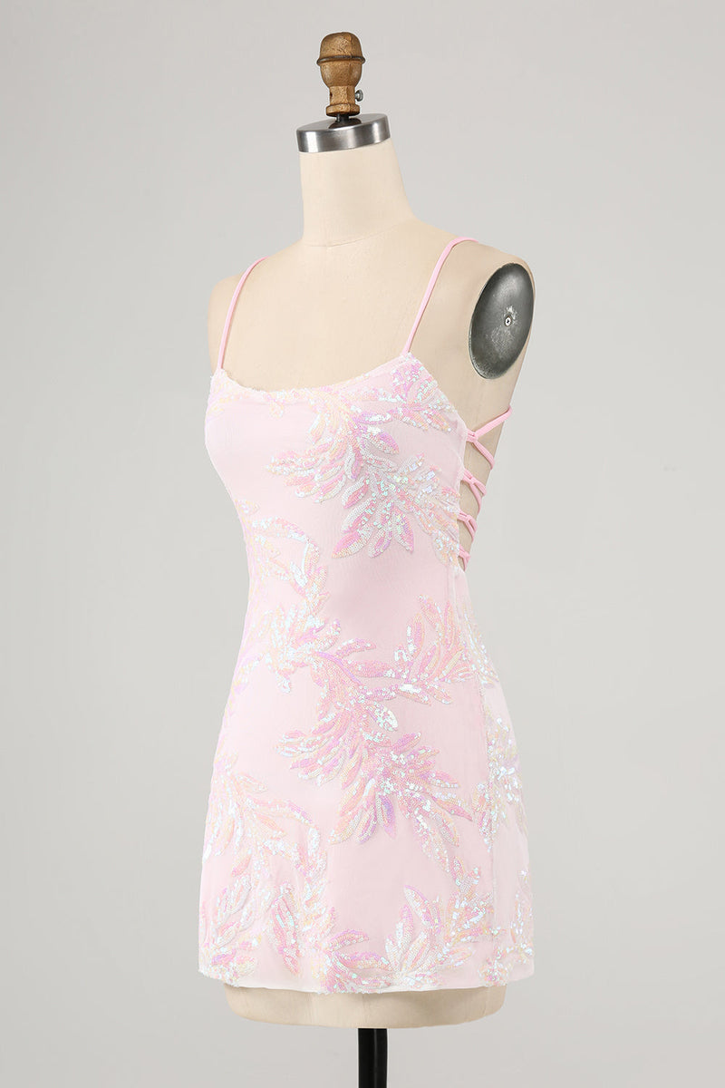 Charger l&#39;image dans la galerie, Robe de bal moulante à bretelles spaghetti rose scintillante avec paillettes