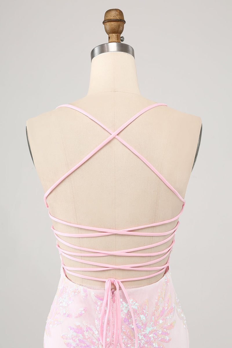 Charger l&#39;image dans la galerie, Robe de bal moulante à bretelles spaghetti rose scintillante avec paillettes
