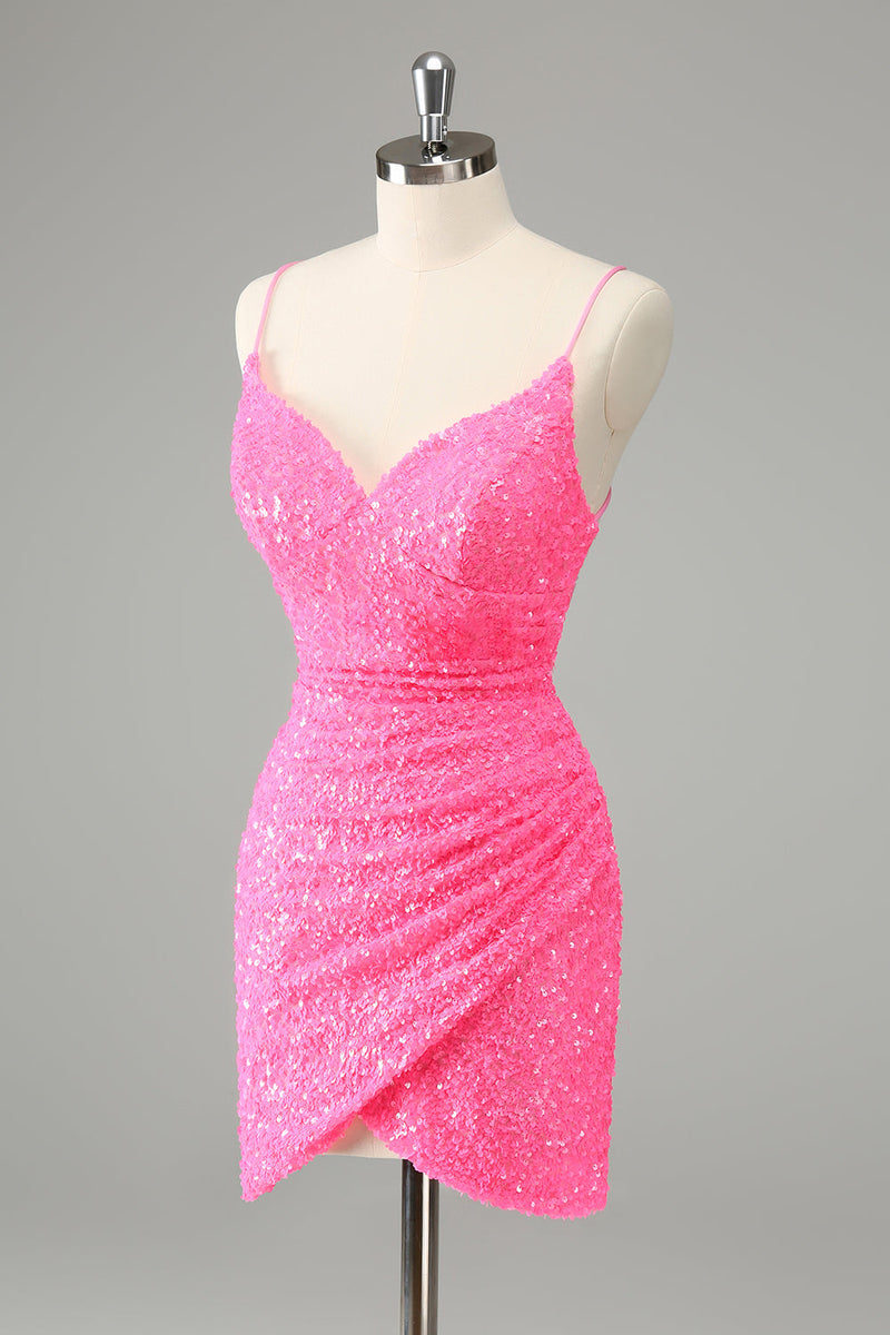 Charger l&#39;image dans la galerie, Glitter Hot Pink Moulante Spaghetti Straps Sequins Robe courte de retour à la maison
