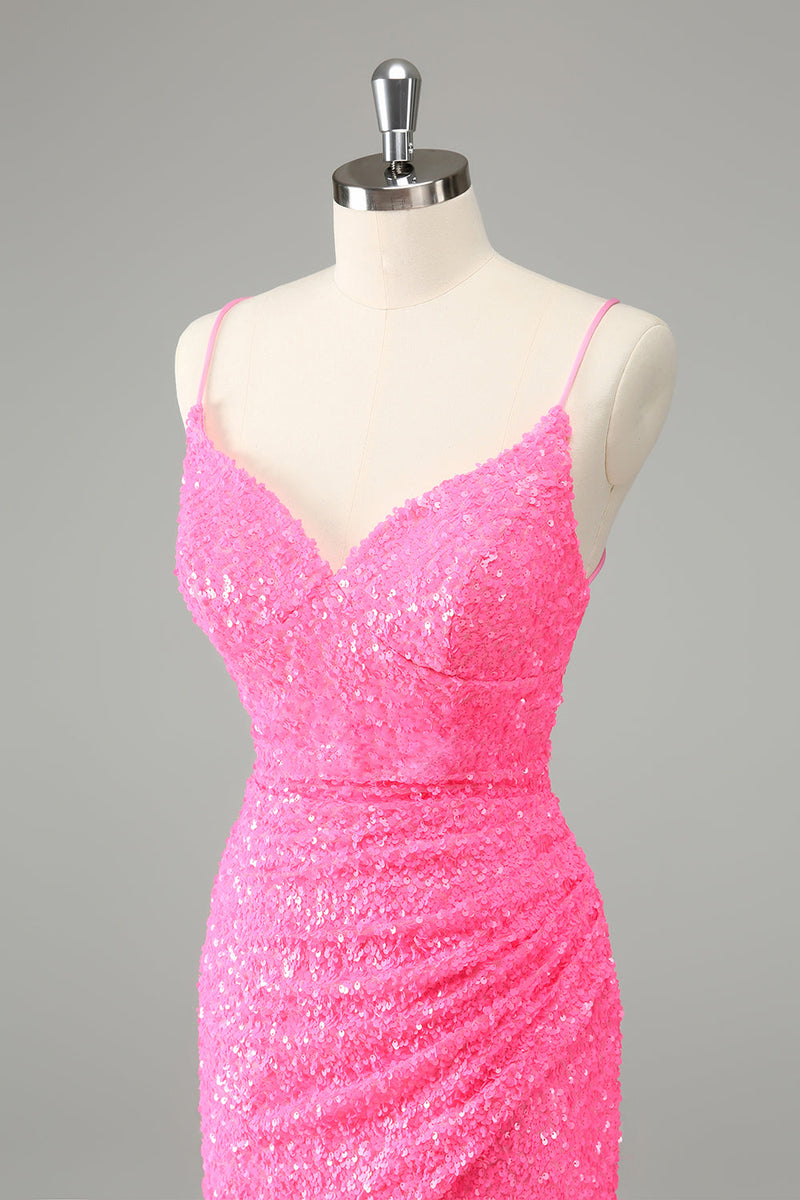 Charger l&#39;image dans la galerie, Glitter Hot Pink Moulante Spaghetti Straps Sequins Robe courte de retour à la maison