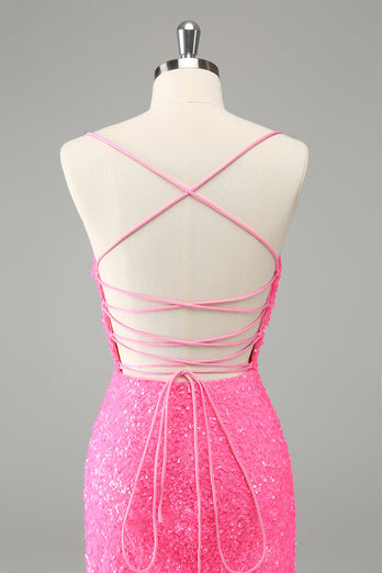 Glitter Hot Pink Moulante Spaghetti Straps Sequins Robe courte de retour à la maison