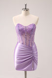 Robe de soirée moulante à sequins sans bretelles lilas avec corset froncé