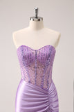 Robe de soirée moulante à sequins sans bretelles lilas avec corset froncé