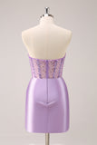 Robe de soirée moulante à sequins sans bretelles lilas avec corset froncé