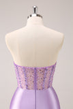 Robe de soirée moulante à sequins sans bretelles lilas avec corset froncé