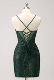 Vert foncé moulante spaghetti bretelles corset robe de soirée court avec paillettes