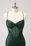 Vert foncé moulante spaghetti bretelles corset robe de soirée court avec paillettes