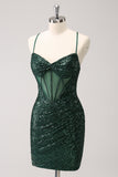 Vert foncé moulante spaghetti bretelles corset robe de soirée court avec paillettes