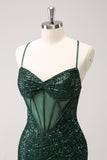 Vert foncé moulante spaghetti bretelles corset robe de soirée court avec paillettes