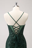 Vert foncé moulante spaghetti bretelles corset robe de soirée court avec paillettes