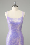 Robe courte moulante à paillettes lilas scintillante avec pompons