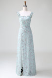 Robe longue de demoiselle d’honneur à imprimé floral gris vert avec fente