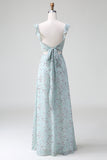 Robe longue de demoiselle d’honneur à imprimé floral gris vert avec fente