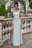 Robe de demoiselle d’honneur longue en mousseline de soie à imprimé floral gris vert avec fente